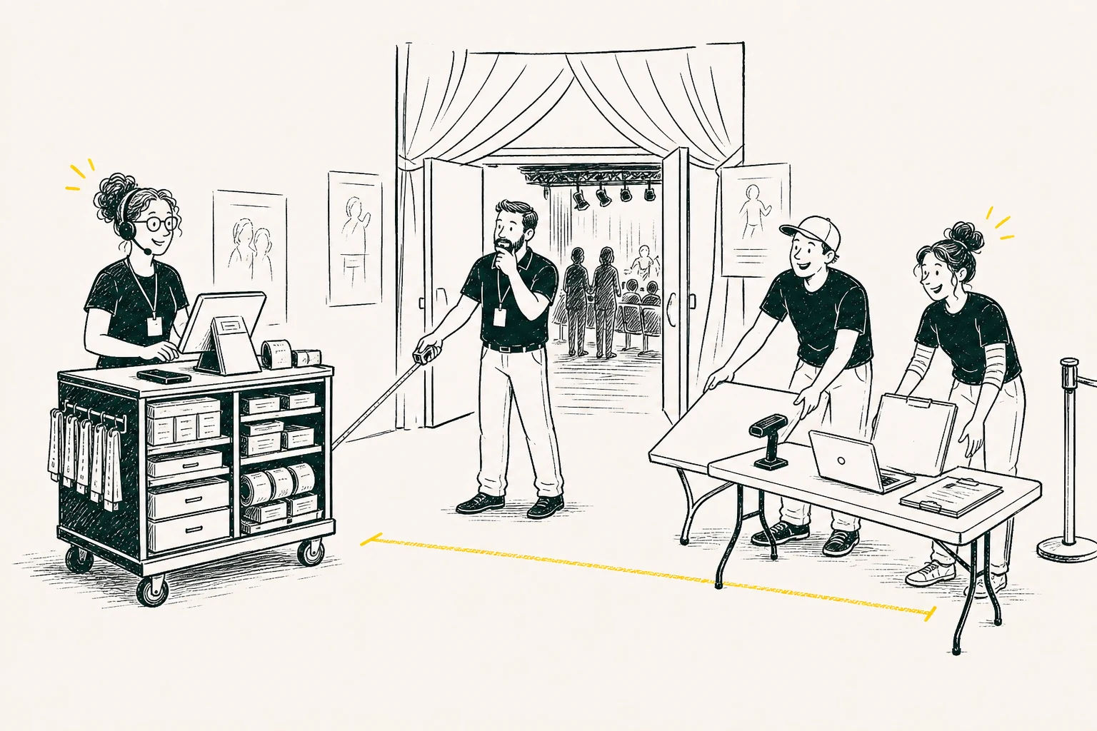A house manager compares a fully equipped ticketing cart with a simple volunteer setup at the theatre door.