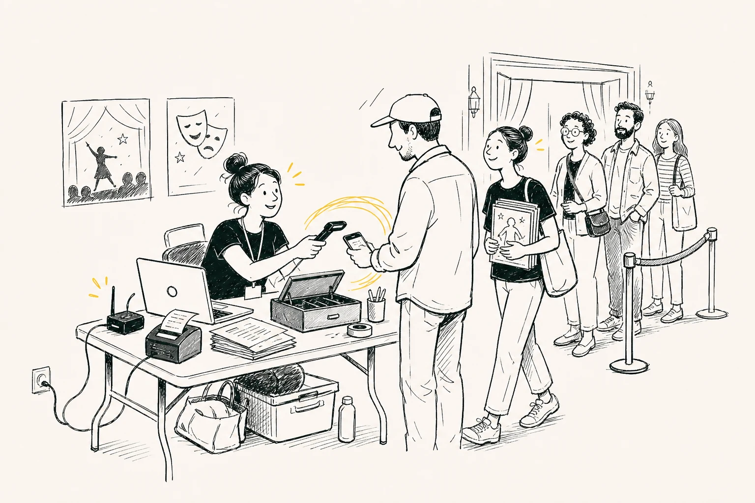 A theatre parent scans tickets from a folding table crowded with the laptop, printer, cash box, and charger that make up the volunteer box office.